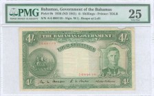 BAHAMAS: 4 Shillings (Law 1936 - ND 1941) in green with ship at left and portrait of King George VI at right. S/N: "A/4 689119". Signature by William ...