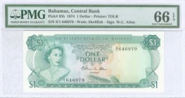 BAHAMAS: 1 Dollar (1974) in dark blue-green on multicolor unpt with Queen Elizabeth II at left. WMK: Shellfish. Printed by TDLR. Inside plastic holder...