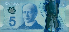 CANADA: 2 x 5 Dollars (2013) in light and dark blue on multicolor unpt with portrait of Sir Wilfred Laurier and west block Parliament building. Contin...