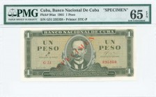 CUBA: Specimen of 1 Peso (1961) in olive-green on orche unpt with portrait of J Marti at center and denomination at left and right. S/N: "G51 235358"....