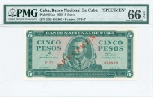 CUBA: Specimen of 5 Pesos (1961) in dull deep green on pink unpt with portrait of A Maceo at center and denomination at left and right. S/N: "D59 6584...