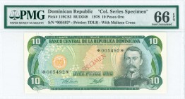 DOMINICAN REPUBLIC: Specimen of 10 Pesos Oro (1978) of 1978 Collector Series in black and green on multicolor unpt with Mella at right and medallic Li...