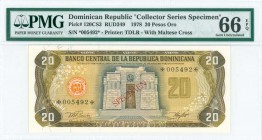 DOMINICAN REPUBLIC: Specimen of 20 Pesos Oro (1978) of 1978 COllectors Series in black, dark brown and olive-brown on multicolor unpt with Altar de la...