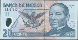 MEXICO: 20 Pesos (17.5.2001) in blue and multicolor unpt with B Juarez at right and Arms at center. Serie F. S/N: "L5307032". Printed by NPA and BdM. ...