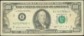 USA: Counterfeit of 100 Dollars (1988 Series) with Benjamin Franklin at center. S/N: "B17177650C". Greek violet cachet "ΠΛΑΣΤΟΝ" (=counterfeit) on fac...