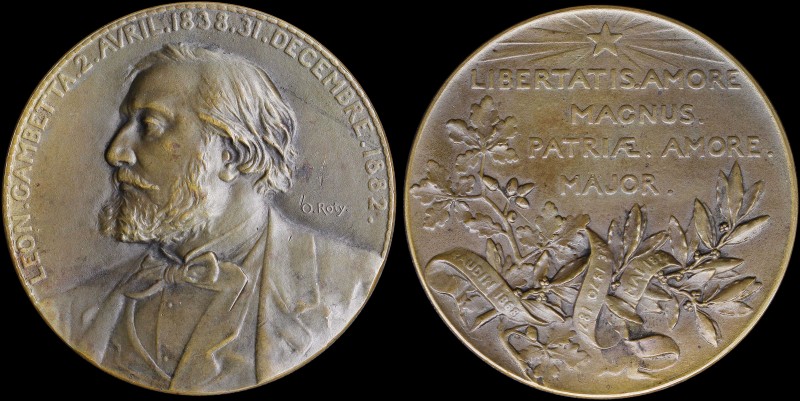 FRANCE: Bronze medal for Leon Gambetta (1838-1882) by Oscar Roty. Diameter: 69mm...