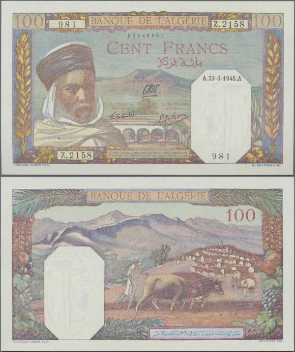 Algeria: Banque de l'Algérie 100 Francs 1945, P.88, tiny dint at upper right cor...