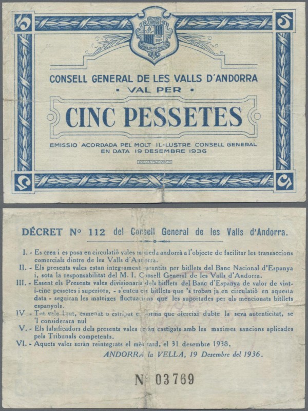 Andorra: Consell General de les Valls d'Andorra 5 Pessetes 19.12.1936 (redeemabl...