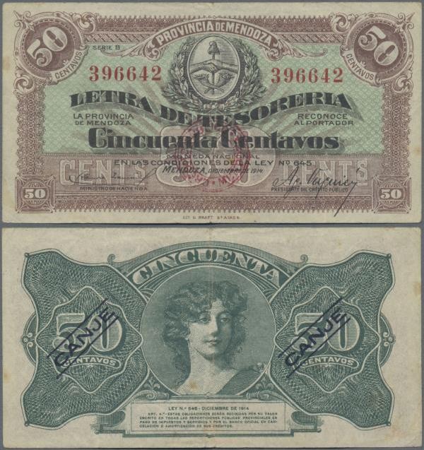 Argentina: Provincia de Mendoza 50 Centavos 1914 ”Letra de Tesorería - Ley 645” ...
