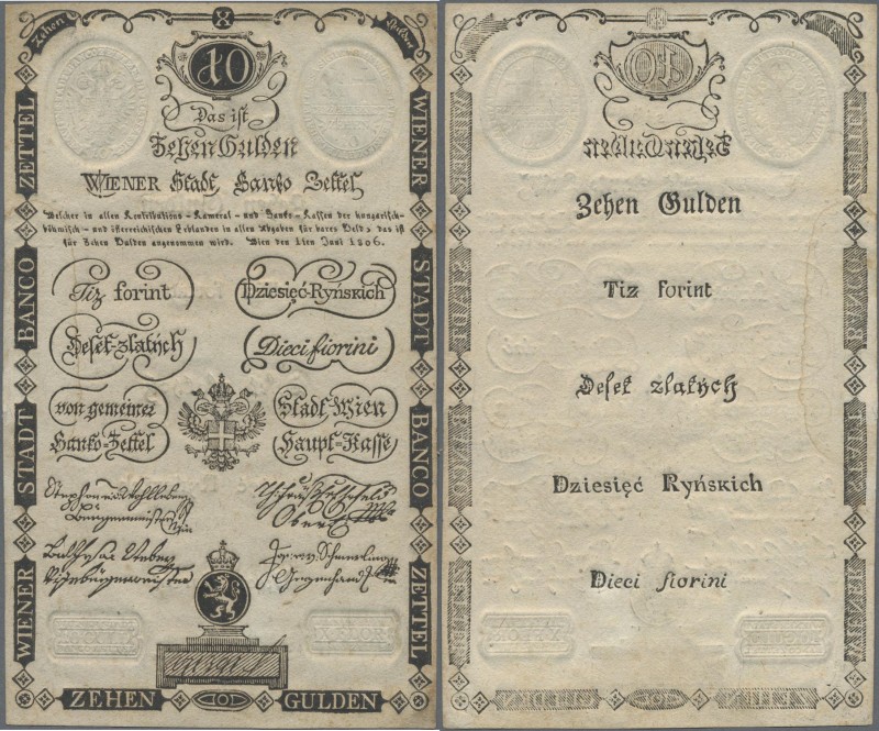Austria: Wiener Stadt-Banco Zettel, 10 Gulden 1806, P.A39a, no folds or bends wi...