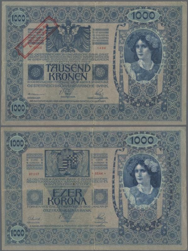 Austria: 1000 Kronen 1920 P. 48 stamped on 1000 Kronen 1902, center and horizont...