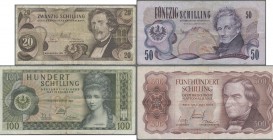 Austria: Lot with 8 banknotes series 1965 – 1970 comprising 20 Schilling 1967 P.142 (F-), 50 Schilling 1970 P.143 (F), 100 Schilling 1969 P.145 (F-), ...
