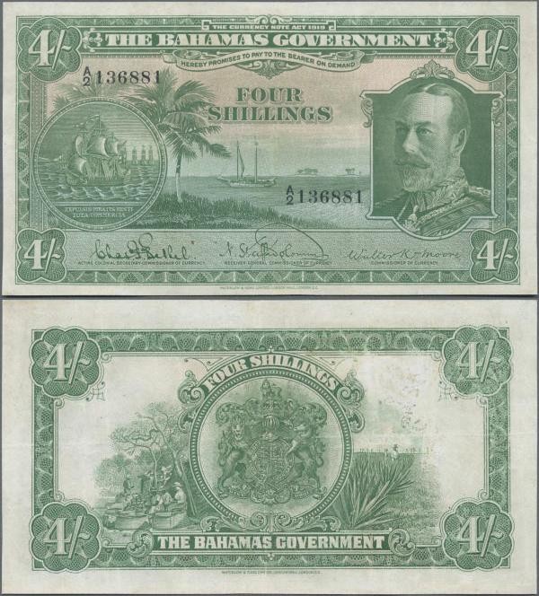 Bahamas: The Bahamas Government 4 Shillings L.1919, P.5, very nice and beautiful...