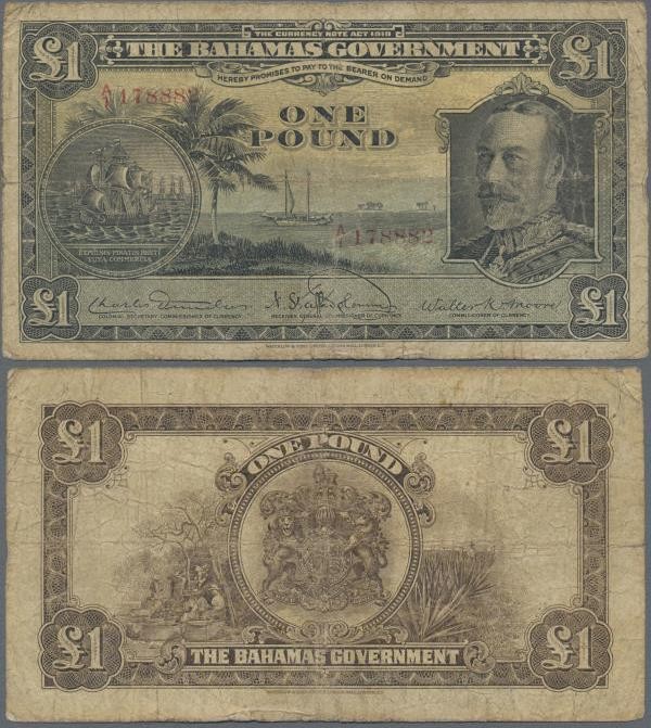 Bahamas: 1 Pound L.1919, P.7, small border tears at left, toned paper and severa...