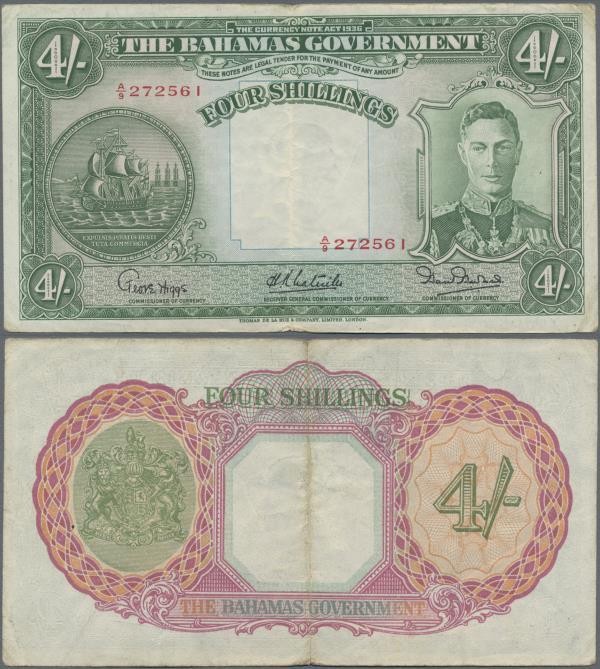 Bahamas: 4 Shillings L.1936, P.9e, very nice with small margin split and some sm...