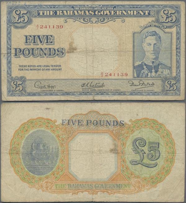 Bahamas: The Bahamas Government 5 Pounds L.1936, P.12, toned paper with tiny mar...