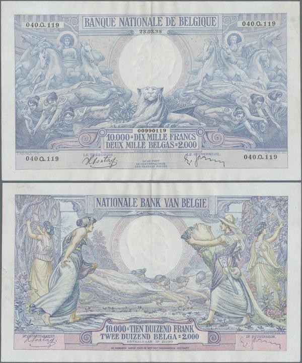 Belgium: 10.000 Francs = 2000 Belgas 1938, P.105, highest denomination of this s...