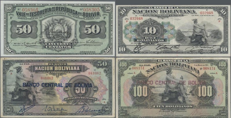 Bolivia: Very nice group with 8 banknotes comprising 50 Centavos 1902 P.91 (UNC)...