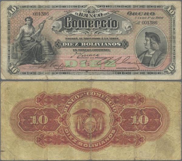 Bolivia: El Banco del Comercio 10 Bolivianos 1900, P.S133, still nice with stron...