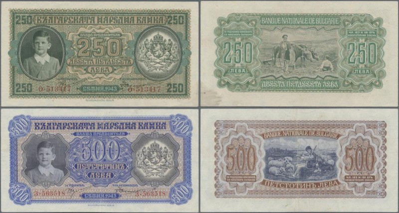 Bulgaria: Pair with 250 Leva 1943 P.65 (XF+) and 500 Leva 1943 P.66 (VF). (2 pcs...