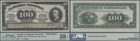 Canada: 100 Dollars / 100 Piastres 1922 Specimen P. S875s issued by ”La Banque Nationale” with two ”Specimen” perforations, red ”Specimen” overprints ...
