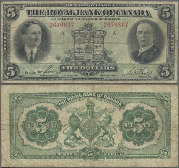 Canada: The Royal Bank of Canada 5 Dollars 1927, P.S1383, still intact with stai...