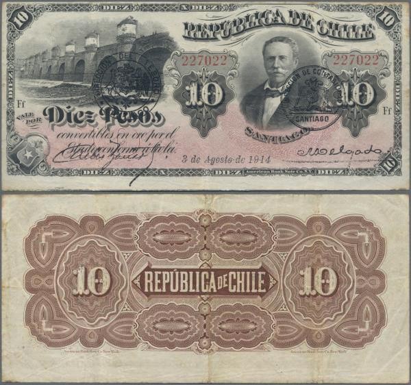 Chile: Republica de Chile 10 Pesos 1914, P.21b, beautiful banknote, still in goo...