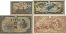 China: Great Imperial Japanese Government 50 Sen ND(1942-44) P.59 (VF+), 5 Yen ND(1940) P.M17 (aUNC), 2x 100 Yen ND(1945) P.M28, 29 (VF+/XF) and 3x 10...