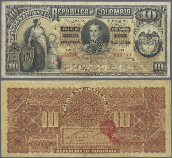 Colombia: Banco Nacional de la República de Colombia 10 Pesos 1895, P.236, great...