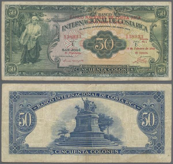 Costa Rica: Banco Nacional de Costa Rica 50 Colones 1942 overprint on Costa Rica...