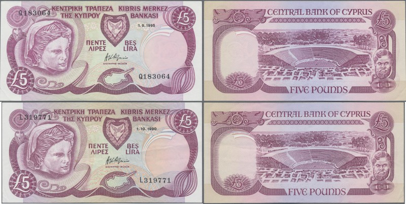 Cyprus: Lot 2 Banknotes: 5 Pounds 1990 P.54a plus 5 Pounds 1995 P.54b. Bends on ...