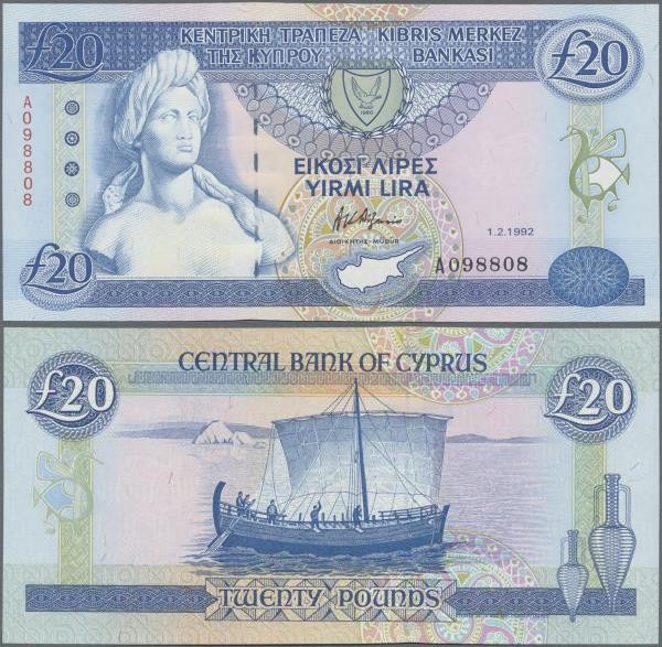 Cyprus: 20 Pounds 1992, P.56a in perfect UNC condition.
 [differenzbesteuert]