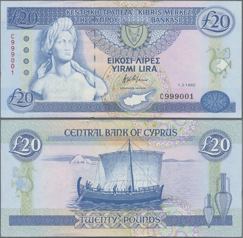 Cyprus: 20 Pounds 1992, P.56a, nice nr. C999001, in aUNC condition.
 [differenz...