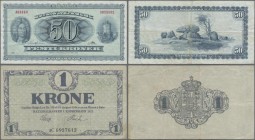 Denmark: Pair with 1 Krone 1921 P.12g (F+) and 50 Kroner 1966 P.45a (F+). (2 pcs.)
 [differenzbesteuert]