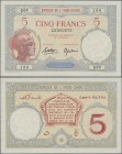Djibouti: Banque de l'Indochine – DJIBOUTI 5 Francs ND(1928-38), P.6b, almost perfect condition with a few very soft folds, otherwise great original s...