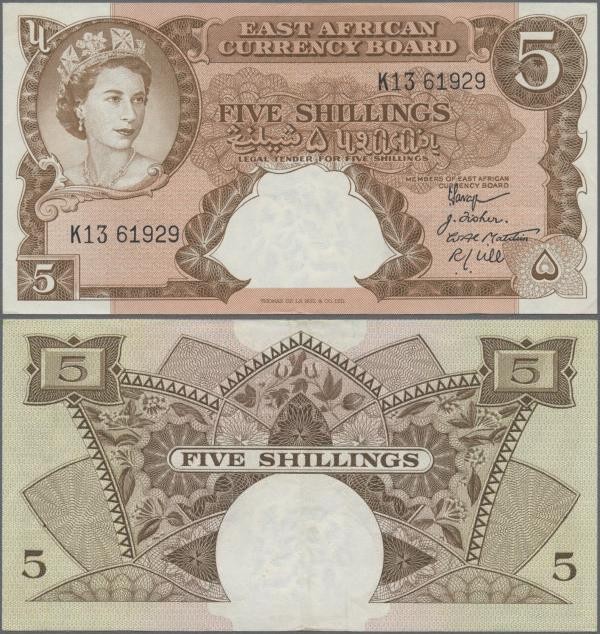 East Africa: The East African Currency Board 5 Shillings ND(1958-60) Queen Eliza...