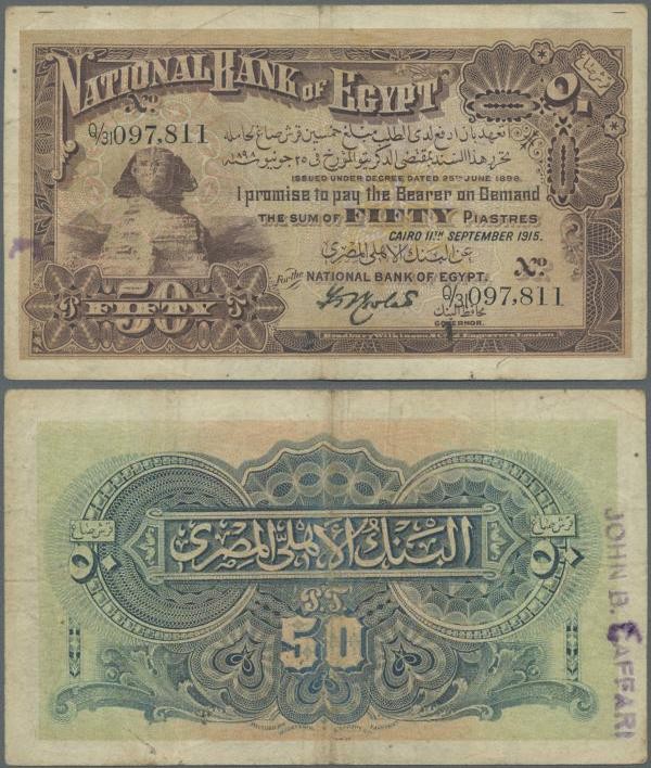 Egypt: National Bank of Egypt 50 Piastres September 11th 1915, P.11, lightly ton...