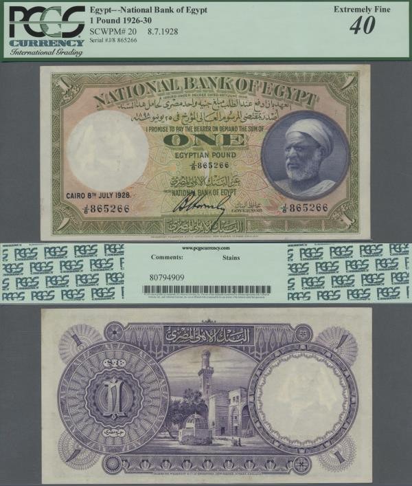 Egypt: The National Bank of Egypt 1 Pound 1928, P.20, very popular note in great...