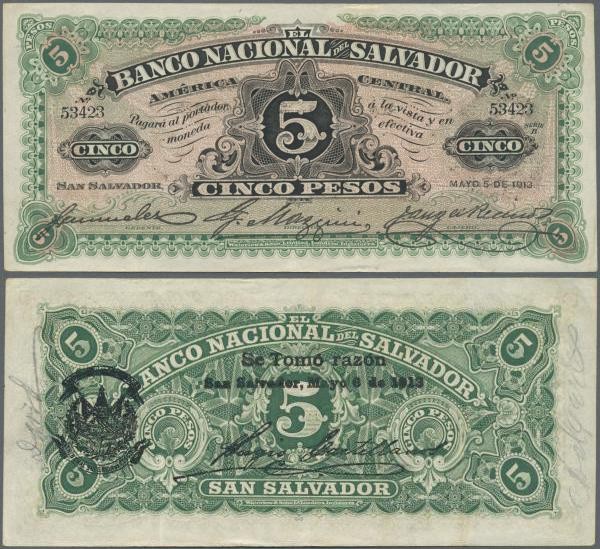 El Salvador: Banco Nacional del Salvador 5 Pesos 1913, P.S162c, some soft vertic...