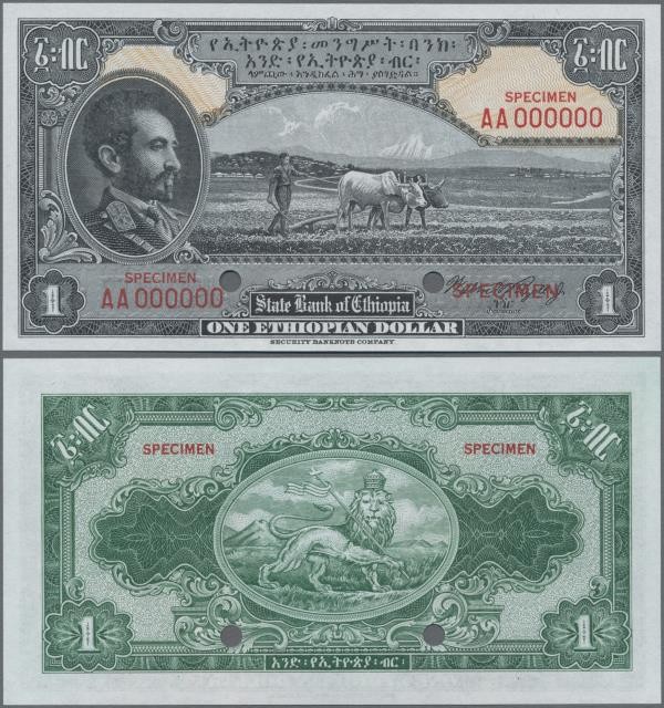 Ethiopia: The State Bank of Ethiopia 1 Dollar ND(1945) SPECIMEN with signature R...