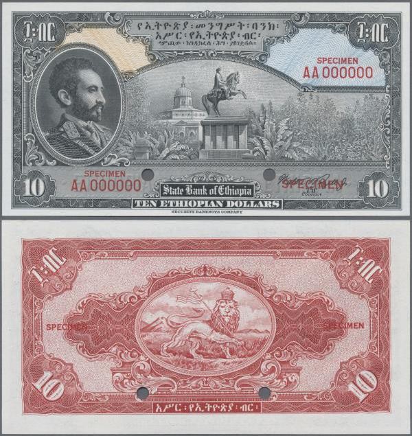 Ethiopia: The State Bank of Ethiopia 10 Dollars ND(1945) SPECIMEN with signature...