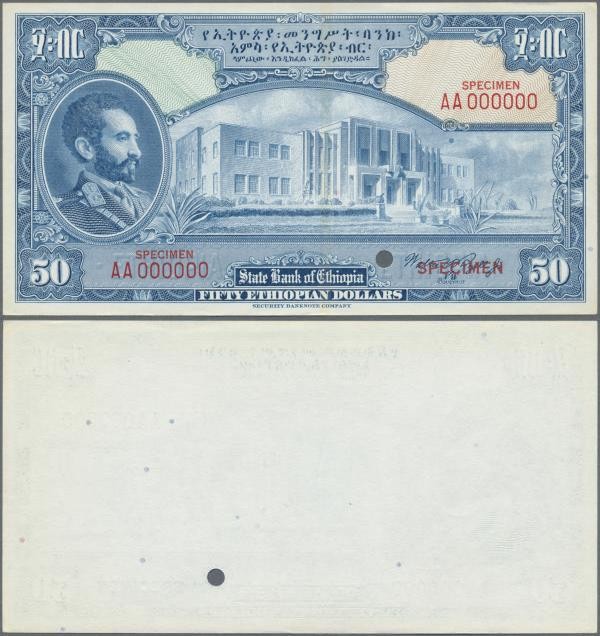 Ethiopia: 50 Dollars ND(1945) with signature: Rozell, color trial Specimen intag...