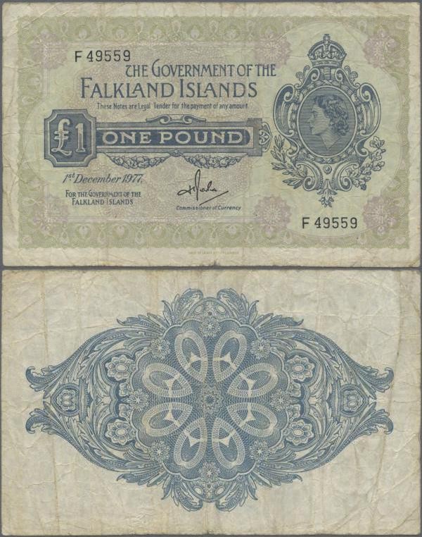 Falkland Islands: 1 Pound 1977 P.8b, many folds and creases, small border tears....