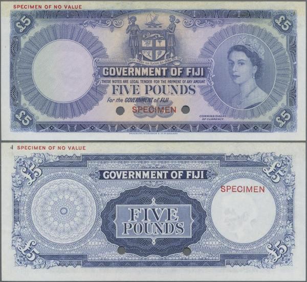 Fiji: Government of Fiji 5 Pounds 1954-67 color trial SPECIMEN in blue instead o...