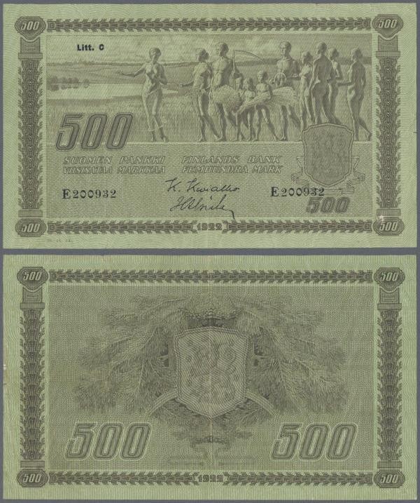 Finland: 500 Markkaa 1922, Litt. C, P.66a, still nice note with small border tea...