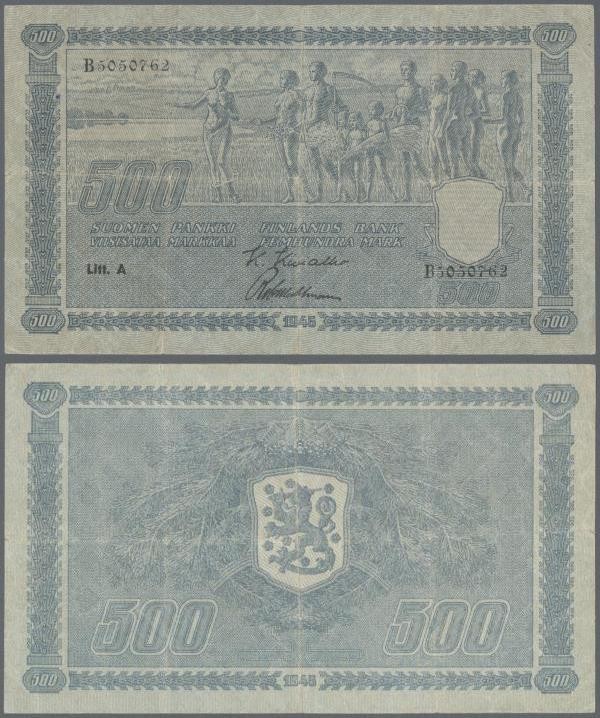 Finland: 500 Markkaa 1945, Litt. A, P.81a, beautiful note with tiny border tears...