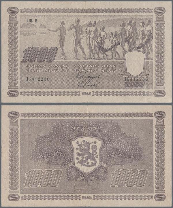 Finland: 1000 Markkaa 1945, Litt. B, P.90, great original shape with crisp paper...