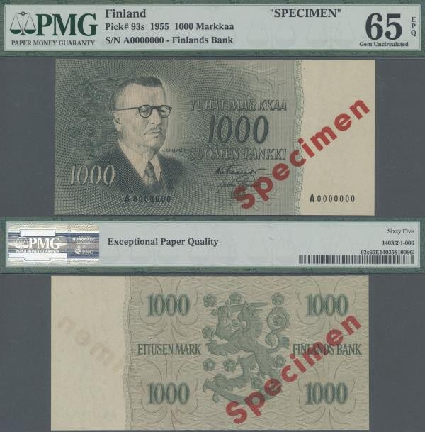 Finland: Finlands Bank 1000 Markkaa 1955 SPECIMEN, P.93s with red overprint ”Spe...