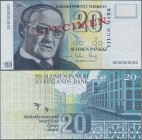 Finland: Suomen Pankki / Finlands Bank 20 Markkaa 1993 with signatures: Sorsa and Heinonen SPECIMEN, P.122s with serial number 0000000000 and red over...