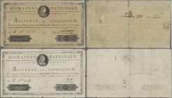 France: Domaines Nationaux pair of the 50 Livres Assignat June 19th 1791 issue, P.A43 with different cashier signatures, one with small repairs and ta...
